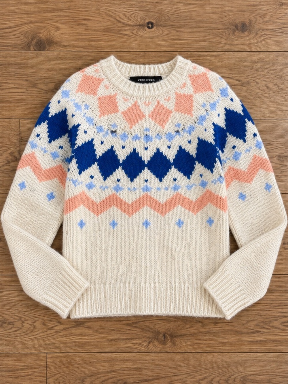 VERO MODA Fair Isle Nordic Sweater Cream Blue Pink Size Small